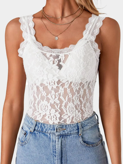 Delicate Lace Scoop Neck Tank Top White