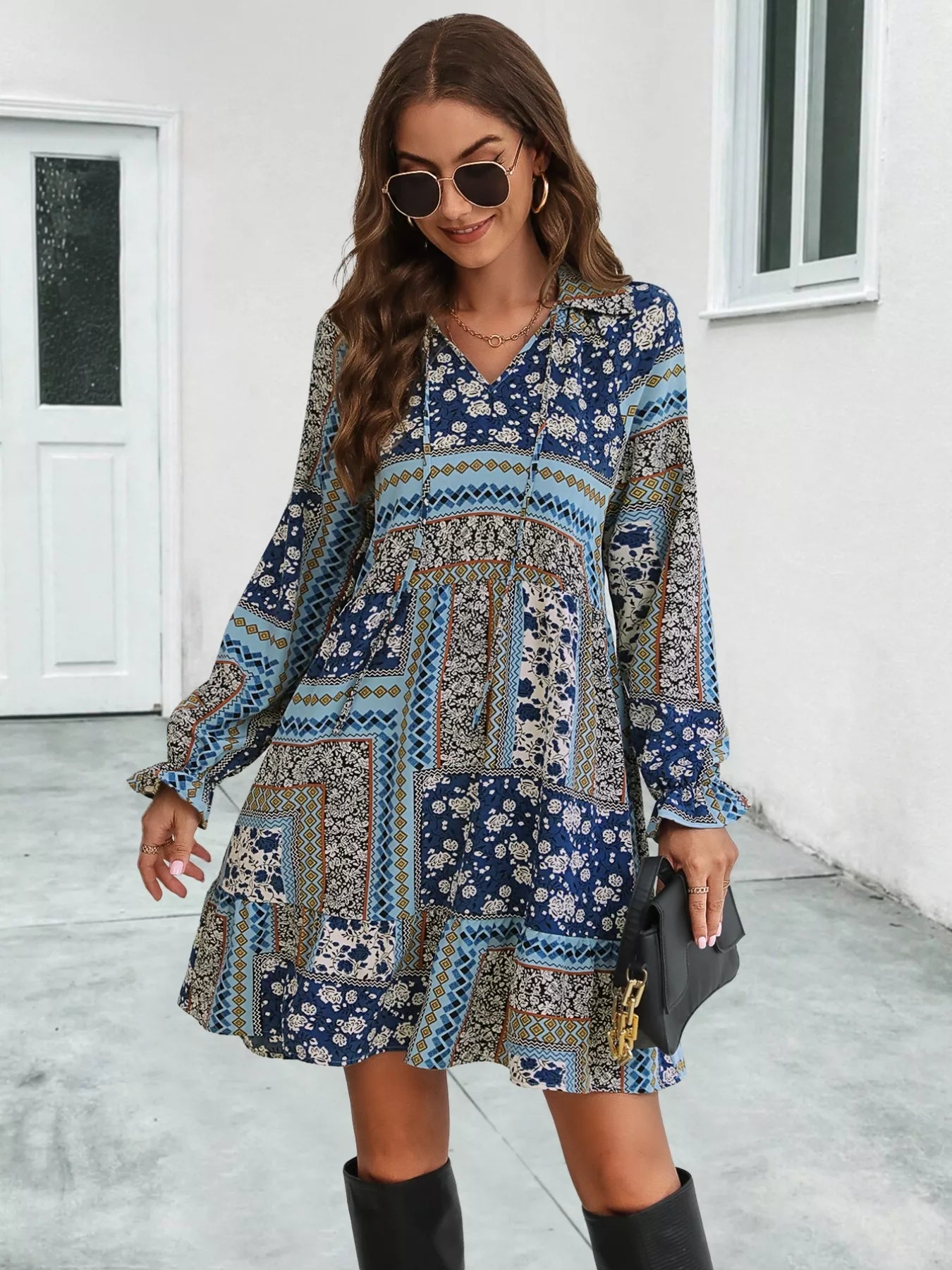 Boho Floral Ruffled Long Sleeve Mini Dress