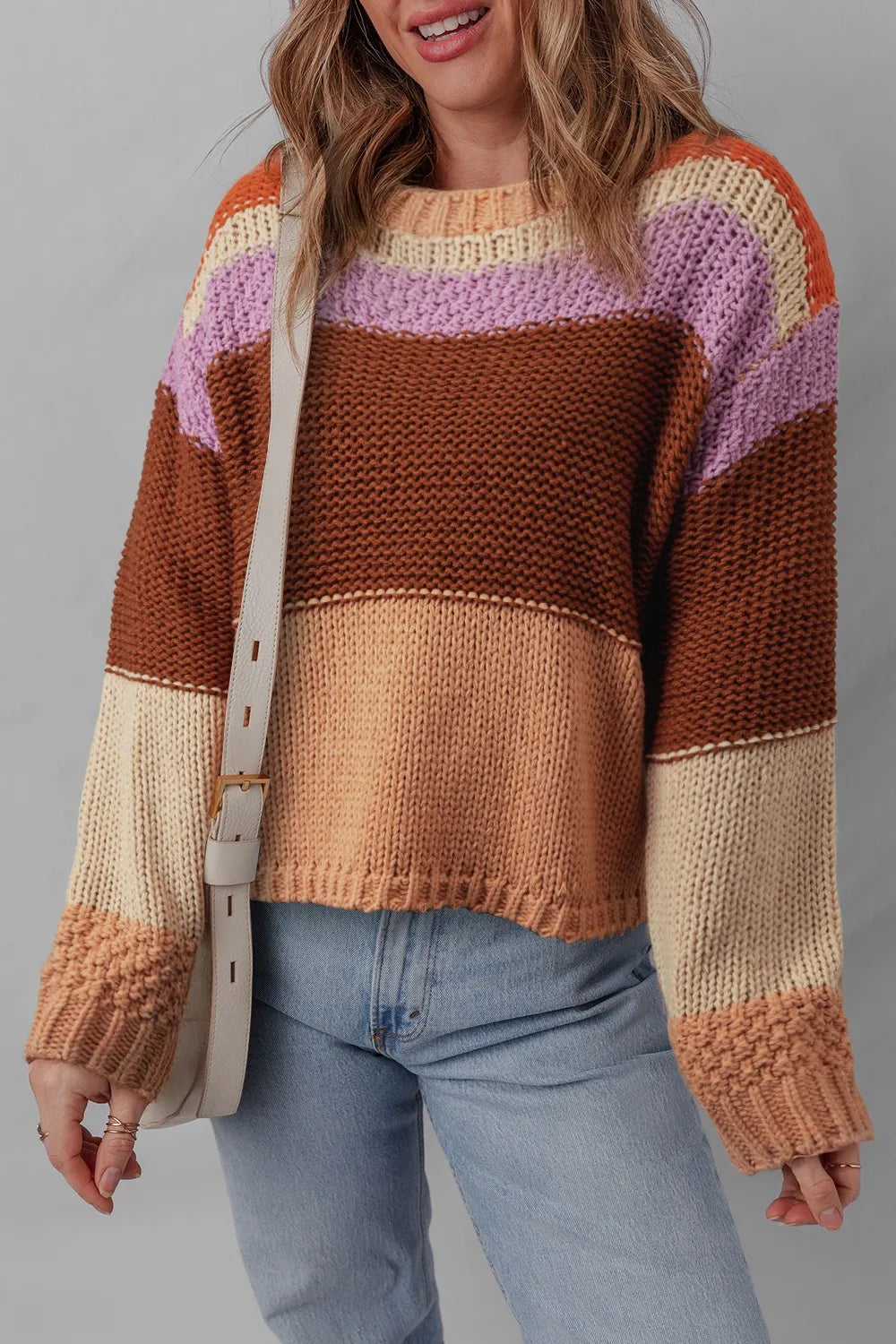 Cozy Colorblock Striped Round Neck Sweater – Soft Acrylic Women’s Pullover Multicolor