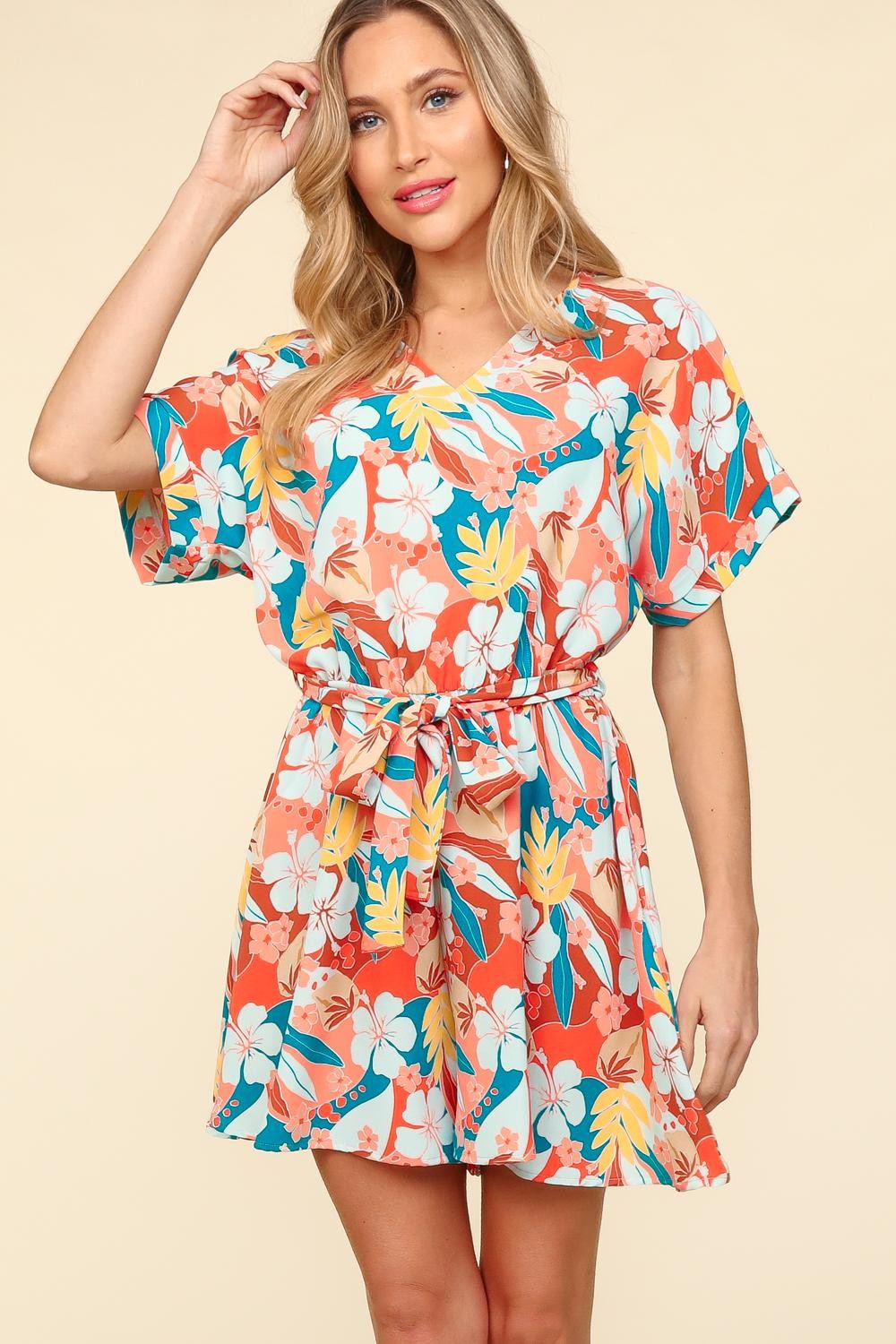 Haptics Tropical Floral Tie-Front Short Sleeve Romper