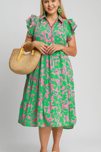 Umgee Full Size Floral Collared Ruffle Cap Sleeve Midi Dress