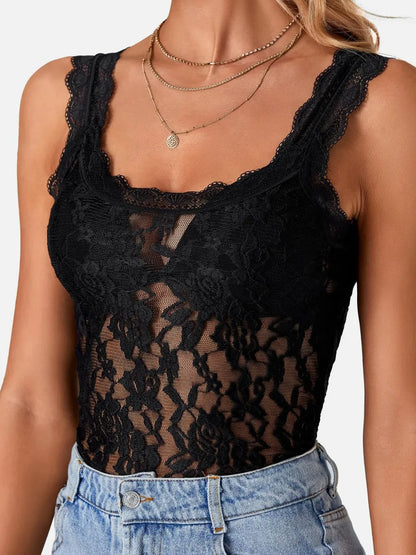 Delicate Lace Scoop Neck Tank Top Black