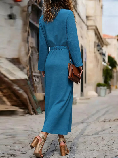 Classic Button-Down Long Sleeve Maxi Dress with Pockets