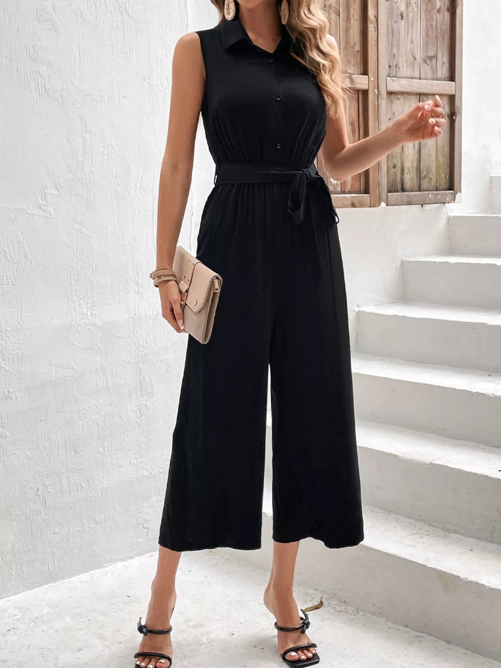 Chic Sleeveless Buttoned Wide Leg Jumpsuit