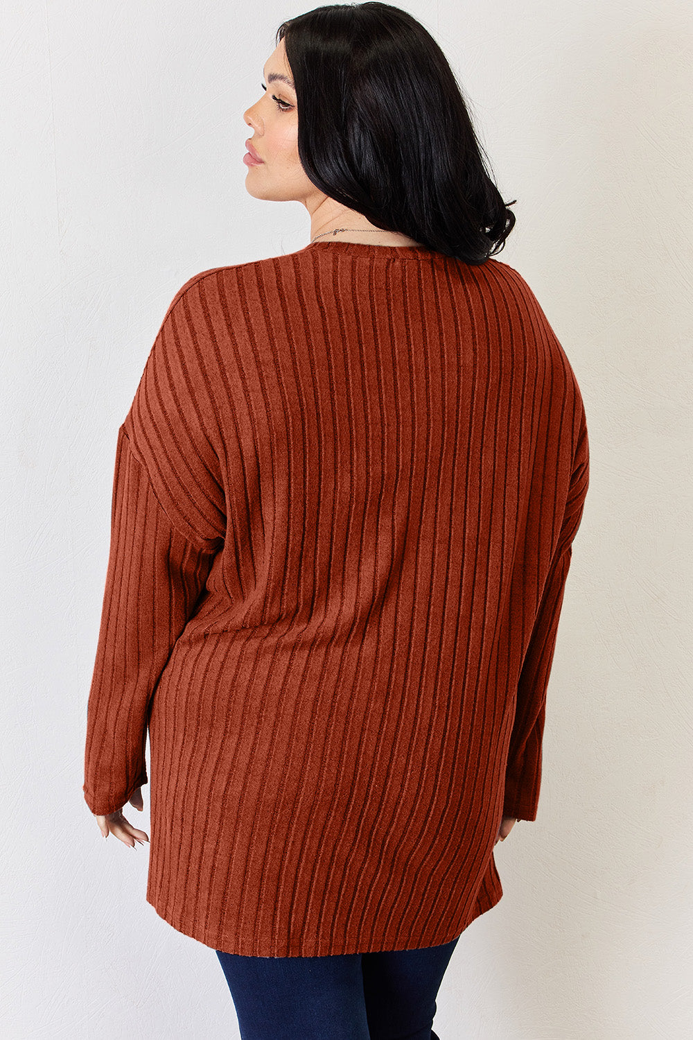 Basic Bae Ribbed Half Button Long Sleeve High-Low T-Shirt