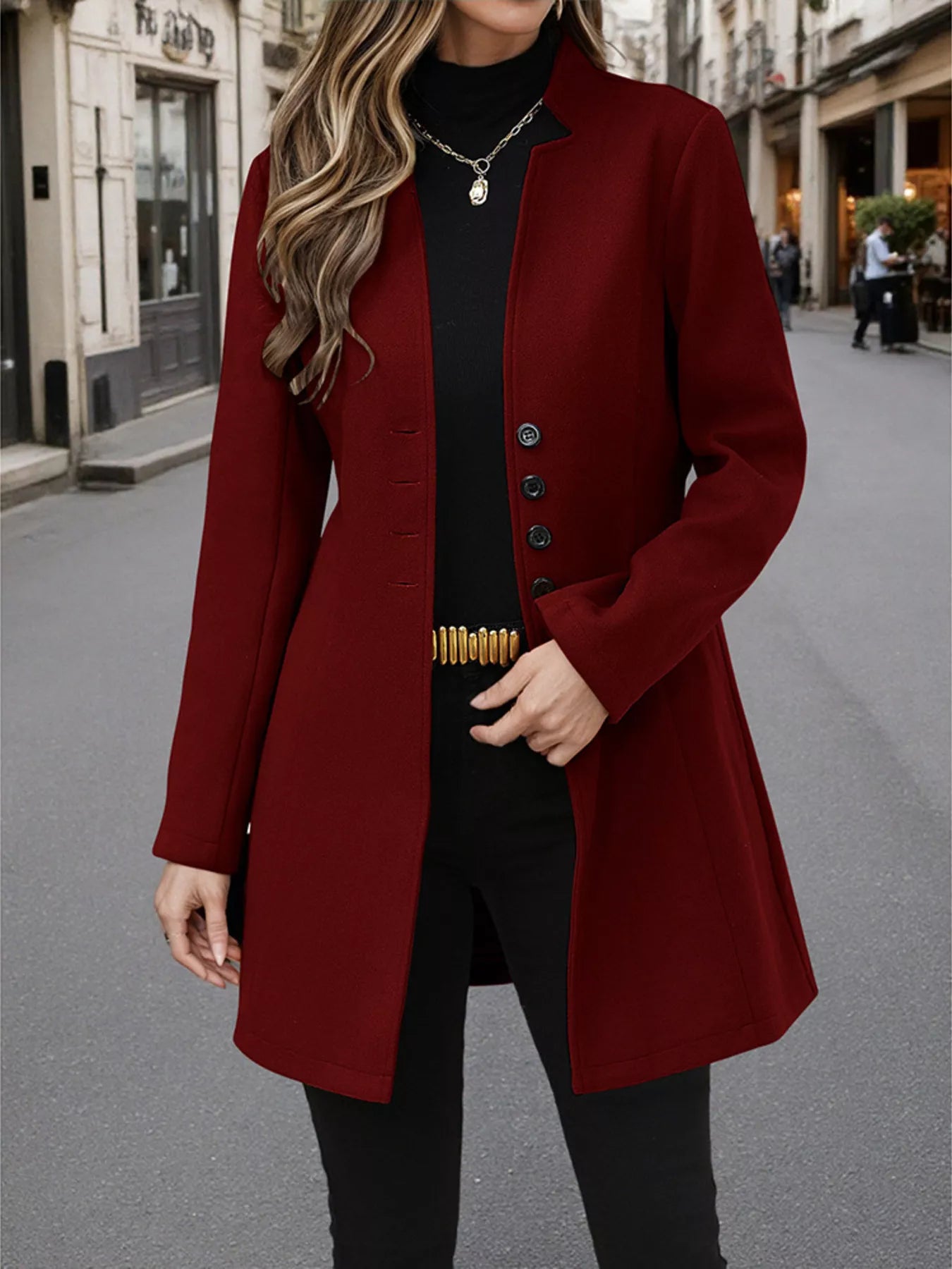 Classic Button-Up Long Sleeve Coat Burgundy