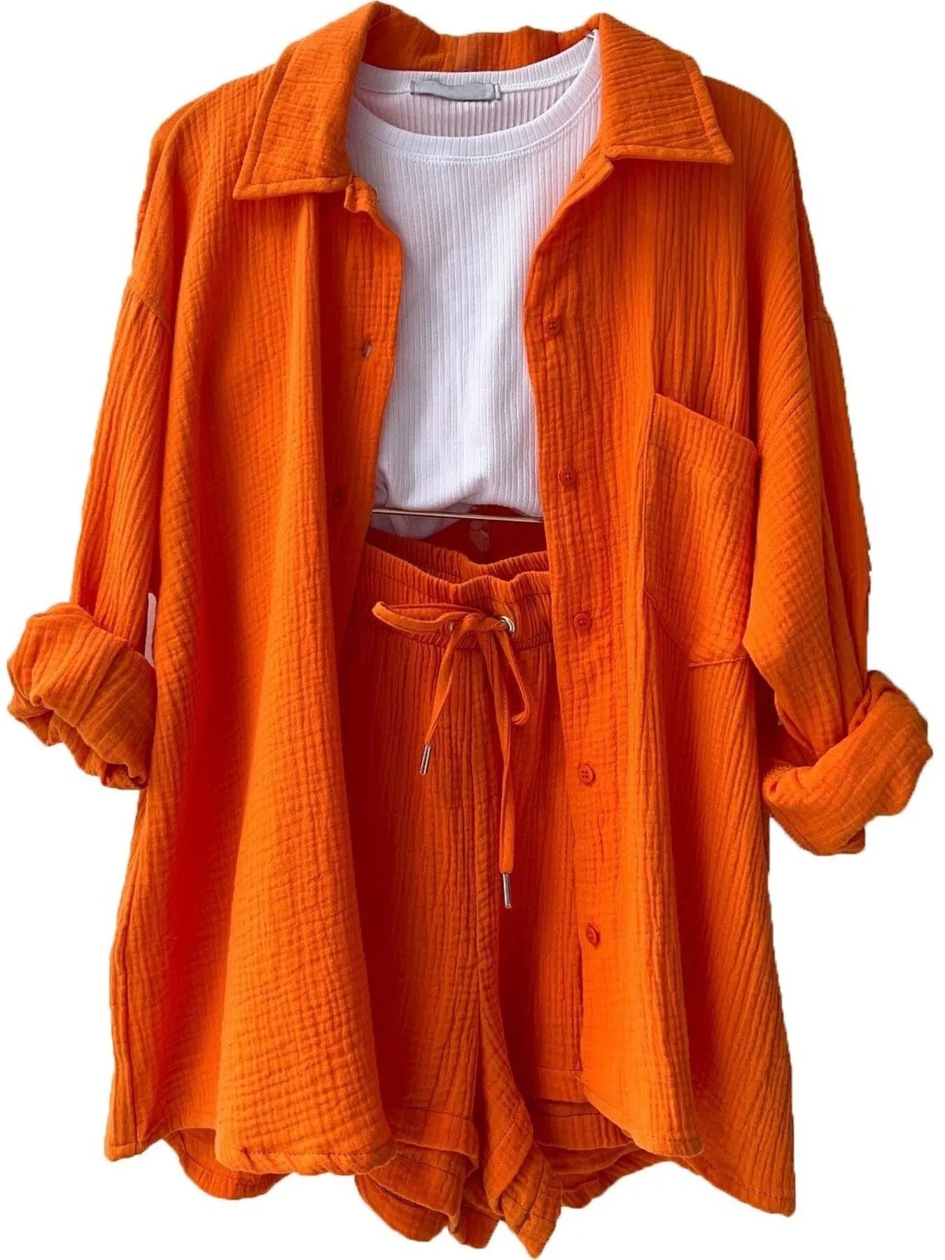 Chic Textured Button-Up Shirt & Shorts Two-Piece Set Orange