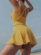 V-Neck Wide Strap Active Dress - Built-in Unitard Liner Mustard