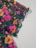 BloomMist Floral Mesh Mock Neck Short Sleeve Top