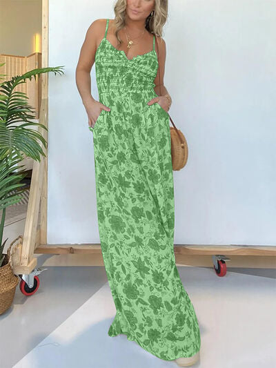 Full Size Printed Spaghetti Strap Wide Leg Jumpsuit - Trendy & Chic Green