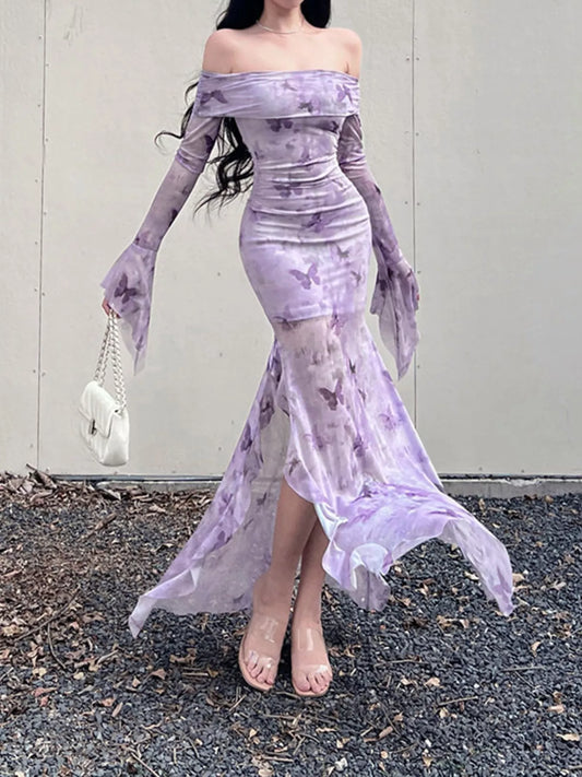 Butterfly Print Off-Shoulder Mesh Mermaid Dress Pink Purple