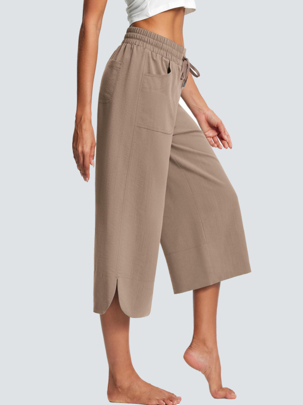 Cross Wide Leg Jeans with Pockets & Drawstring - Plus Size Available Camel