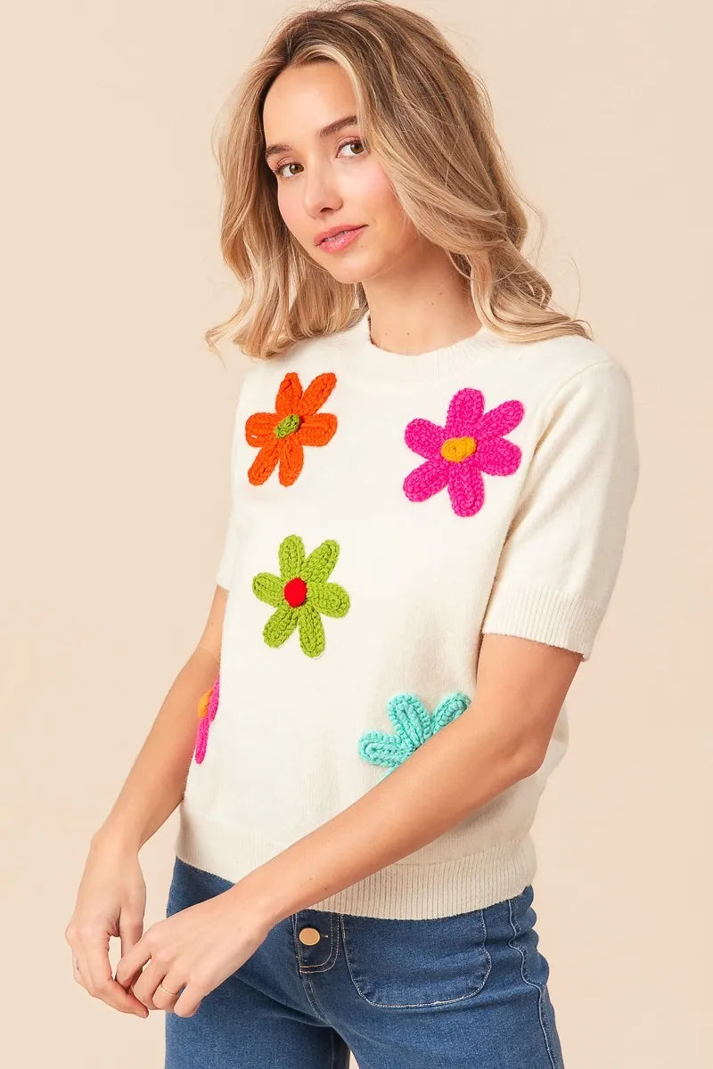 BiBi Crochet Daisy Patch Knit Sweater Top