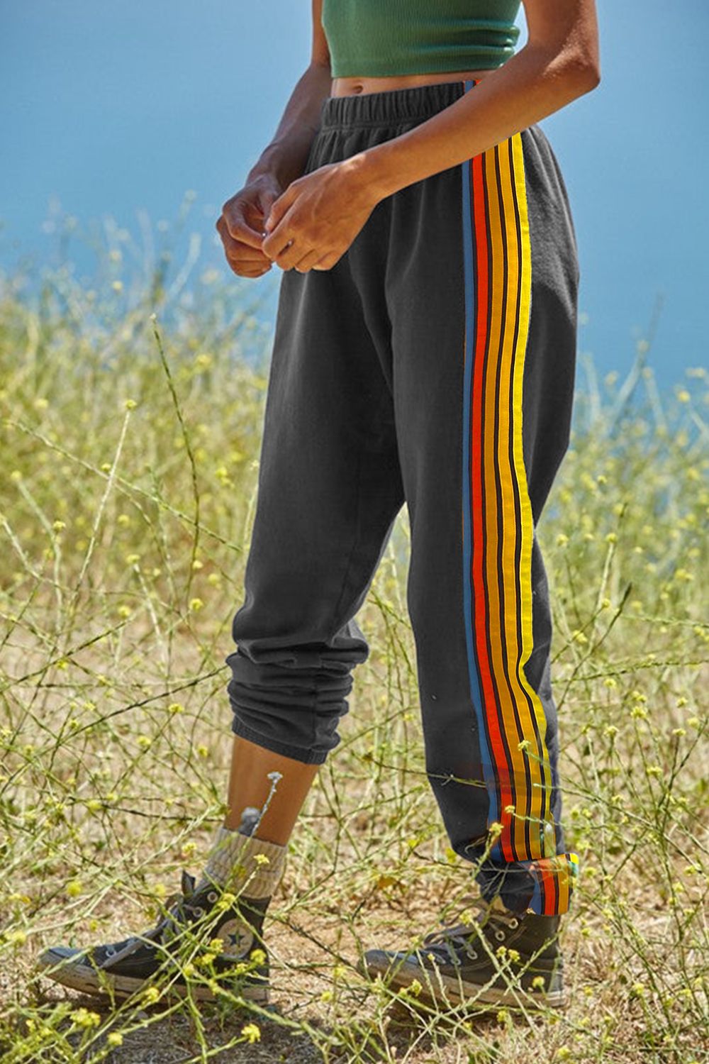 Contrast Striped Elastic Waist Active Pants Grey