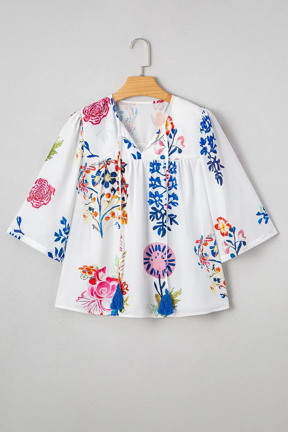 Boho Printed Tie Neck 3/4 Sleeve Blouse with Tassels