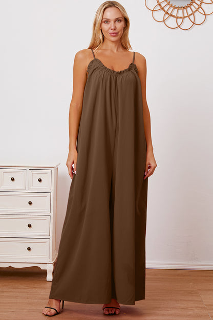 Double Take Full Size Ruffle Trim Tie Back Cami Jumpsuit with Pockets Mocha