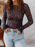 Floral Mesh Bodysuit with Smocked Cuffs – Slim Fit