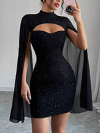 Glitter Cutout Bodycon Mini Dress with Cape Sleeves Black