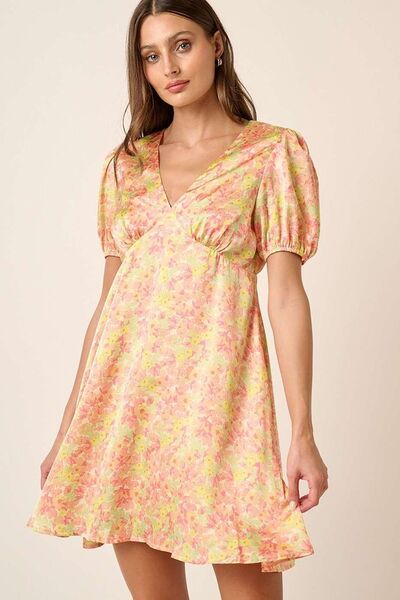 Mittoshop Printed V-Neck Puff Sleeve Mini Dress