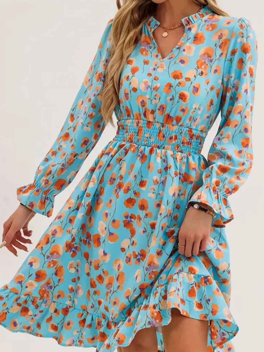 Floral Smocked Ruffled Flounce Sleeve Midi Dress