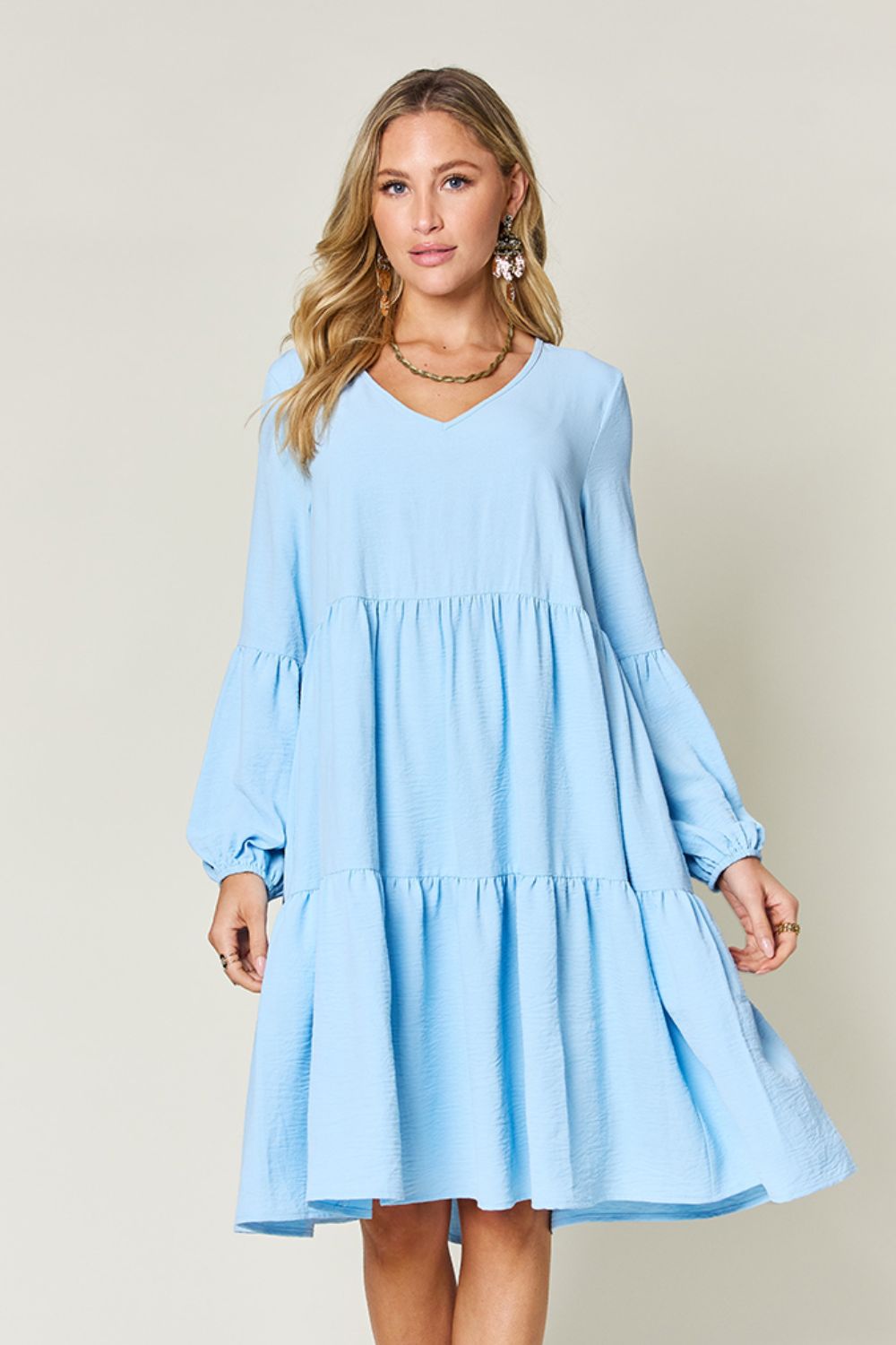 Full Size V-Neck Tiered Balloon Sleeve Dress with Pockets Light Blue