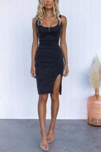 Side Slit Washed Scoop Neck Denim Dress