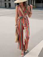Striped Sleeveless Tie Waist Jumpsuit â€“ Casual Chic One-Piece with Pockets