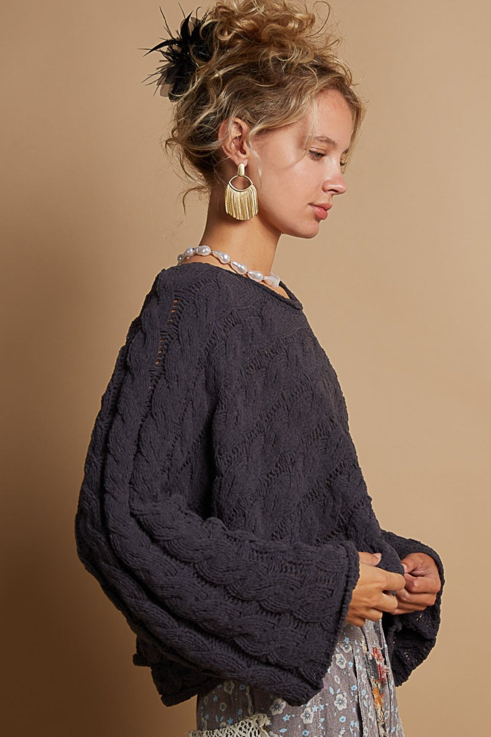 POL Round Neck Cable Knit Chenille Cropped Sweater