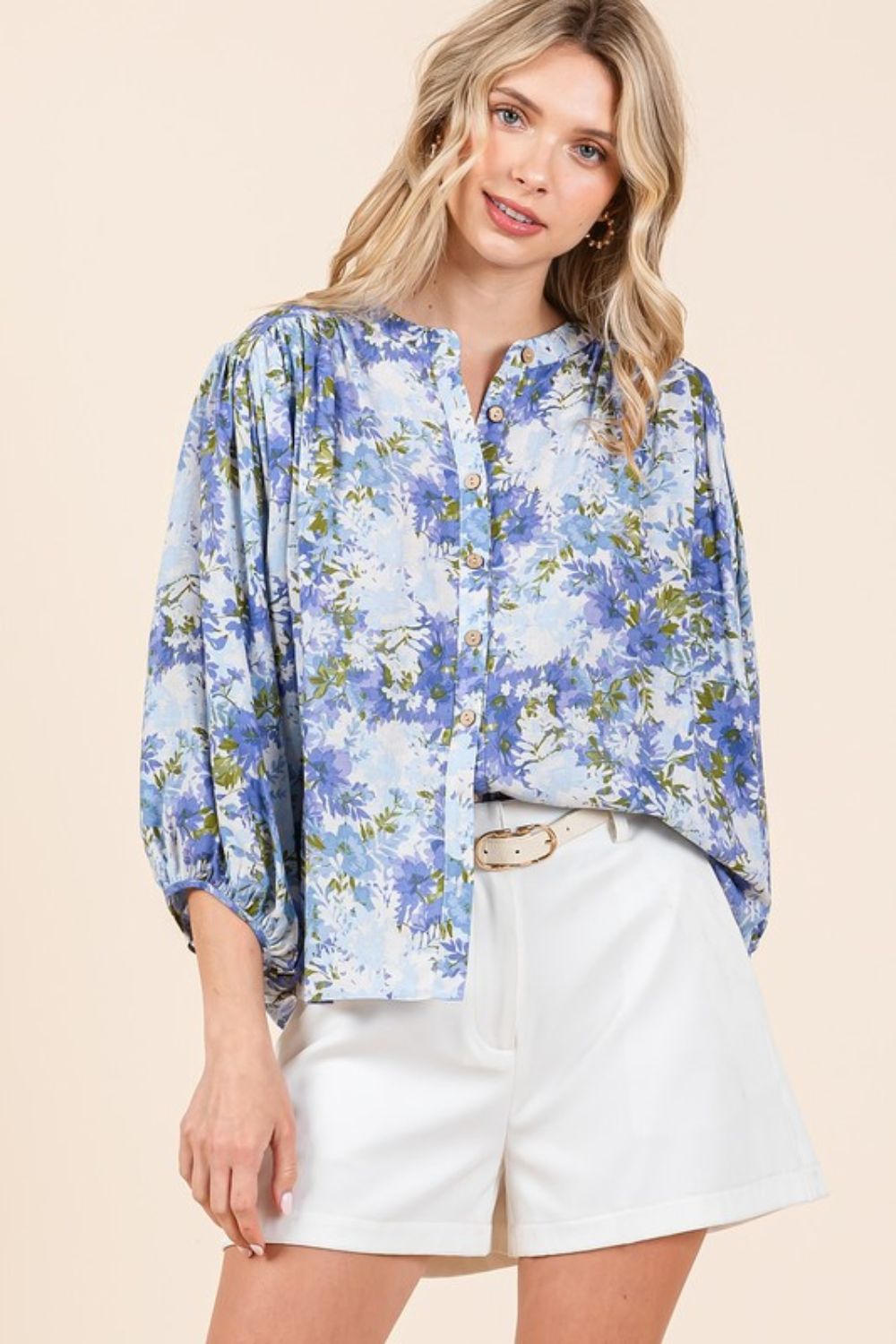 Mittoshop Floral Print Batwing Sleeve Button-Down Blouse