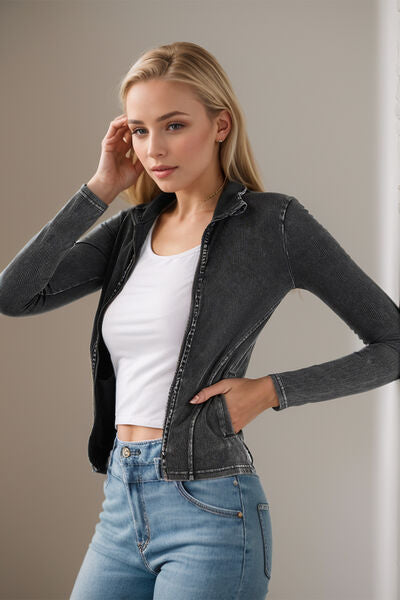 Basic Bae Pocketed Turtleneck Zip-Up Denim Top