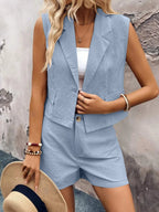One-Button Sleeveless Cotton Top & Shorts Set