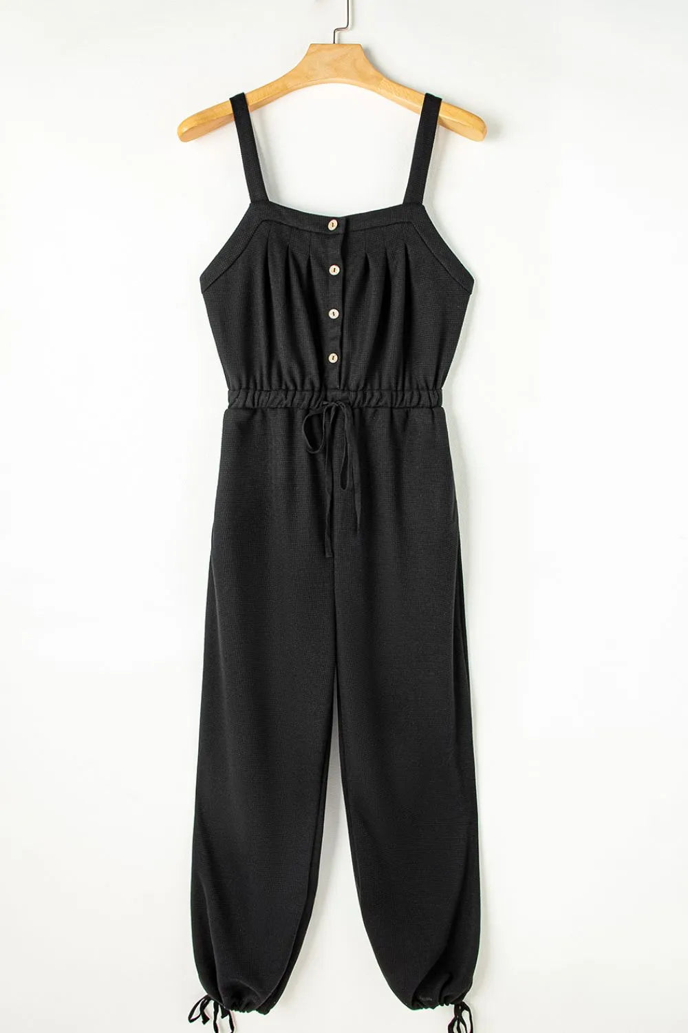 Knotted Straps Button Textured Drawstring Jumpsuit