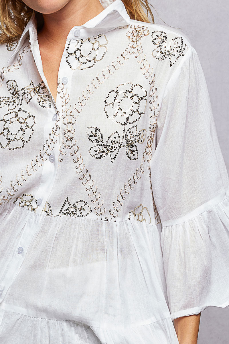 POL Floral Sequin Embroidered Tiered Mini Shirt Dress
