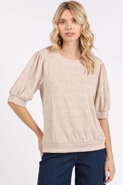 Mittoshop Fan Shell Texture Puff Sleeve Knit Top Tan