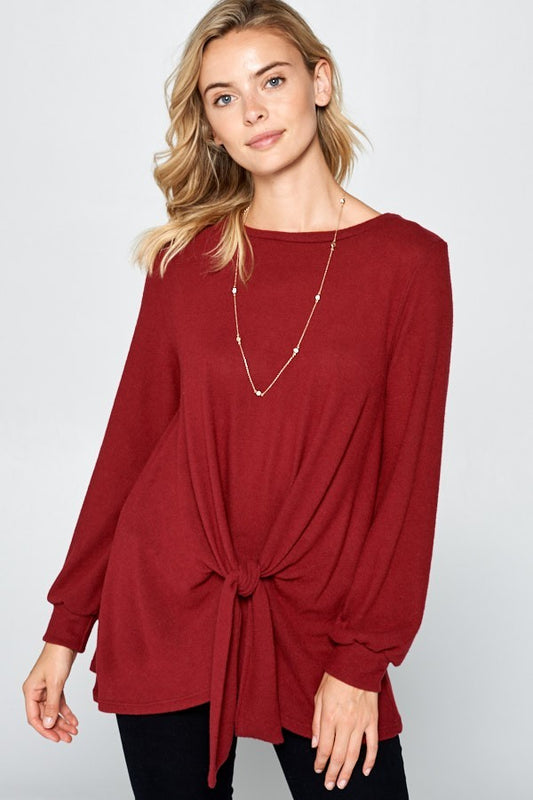 Super Lady Knot Front Hacci Blouse with Round Neck Burgundy