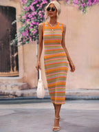 CoastEase Striped Sleeveless Round Neck Cover-Up Midi Dress