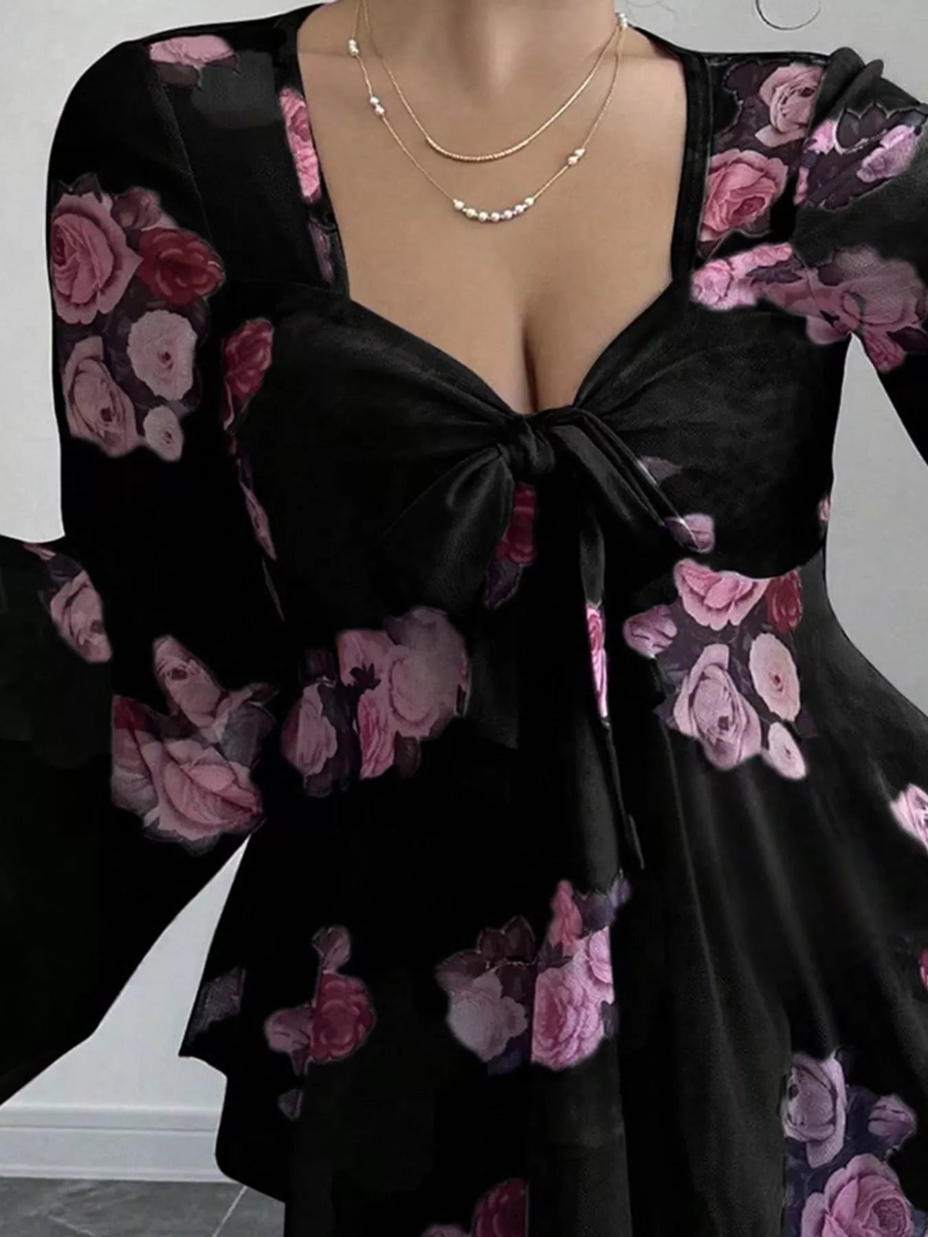 Floral Tie-Front Flare Sleeve Blouse