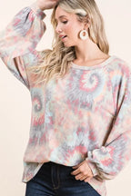 BiBi Brushed Tie Dye Print Top with Puff Sleeves