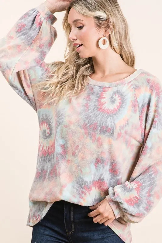 BiBi Brushed Tie Dye Print Top with Puff Sleeves