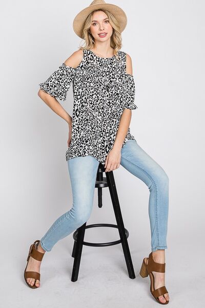 Heimish Full Size Leopard Print Cold Shoulder T-Shirt