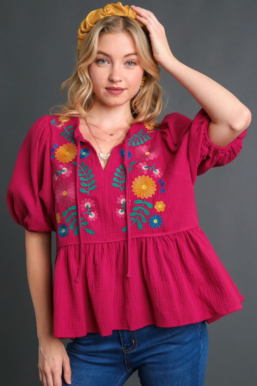 Floral Embroidery Babydoll Blouse - Soft Cotton Gauze, Boho Chic Deep Rose