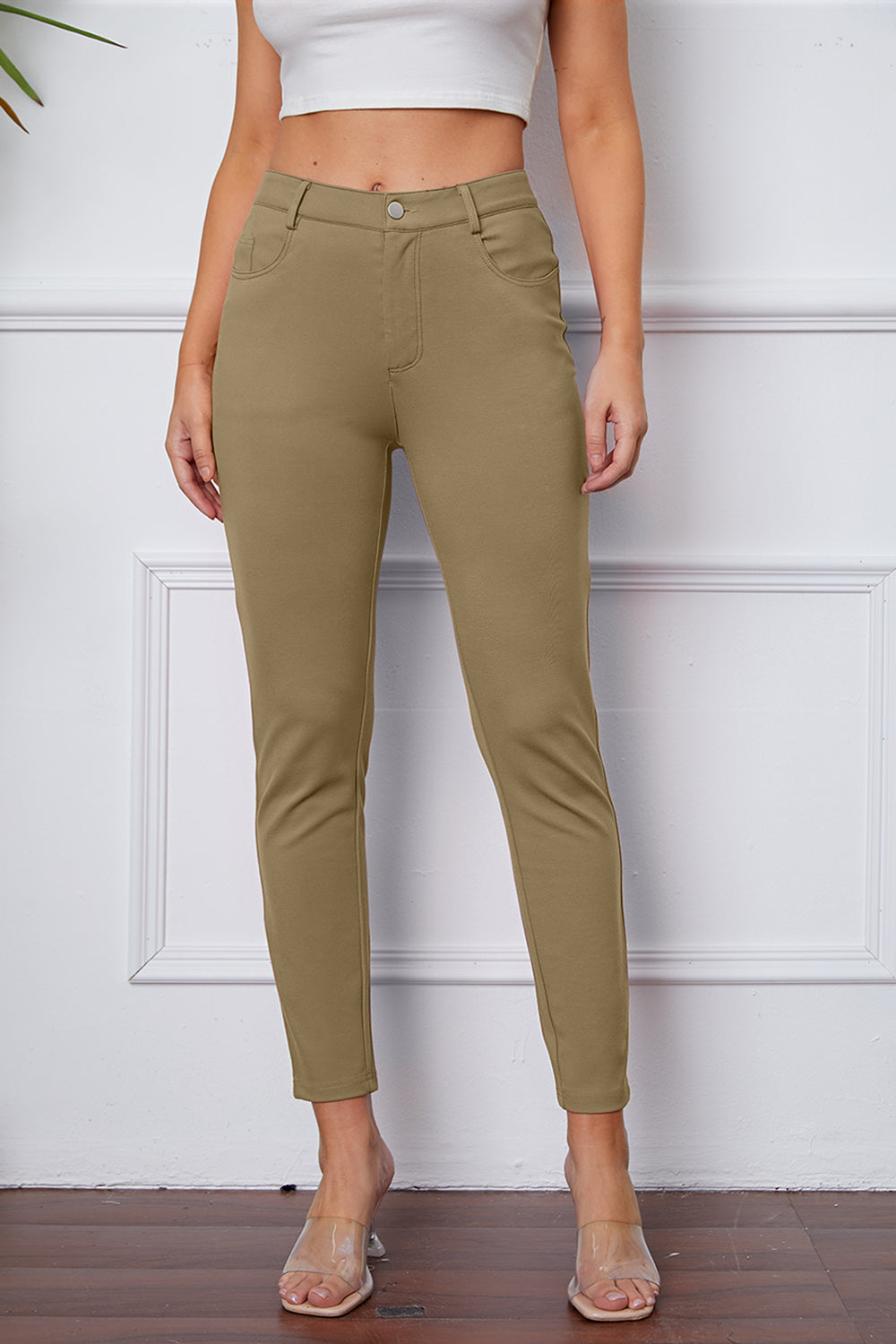 Stretchy Stitch Pocketed Pants by Basic Bae Khaki