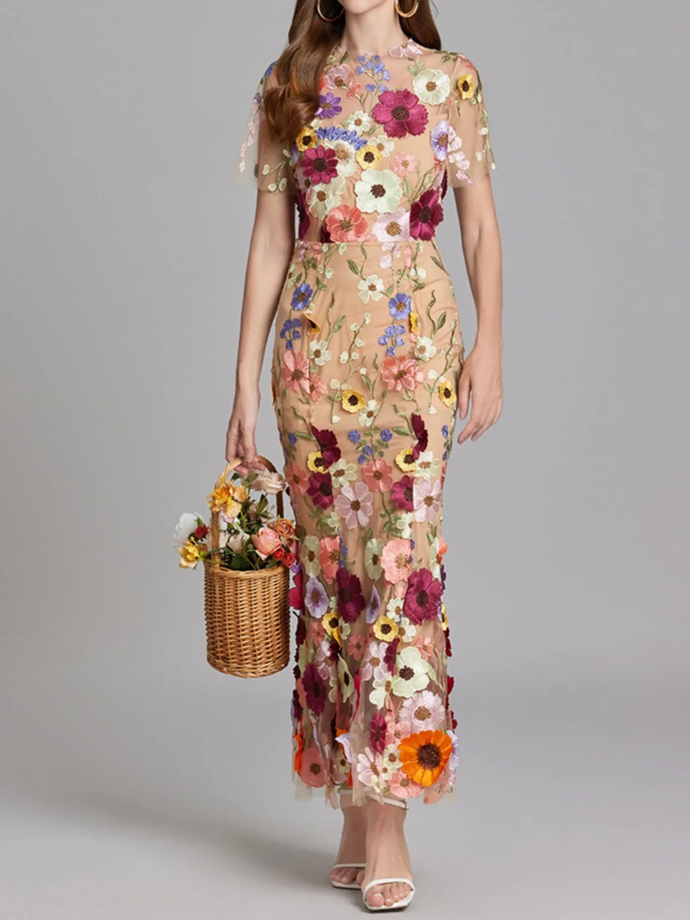 Embroidered Mesh Overlay Maxi Dress – Lined Evening Wear with Zipper Closure Apricot