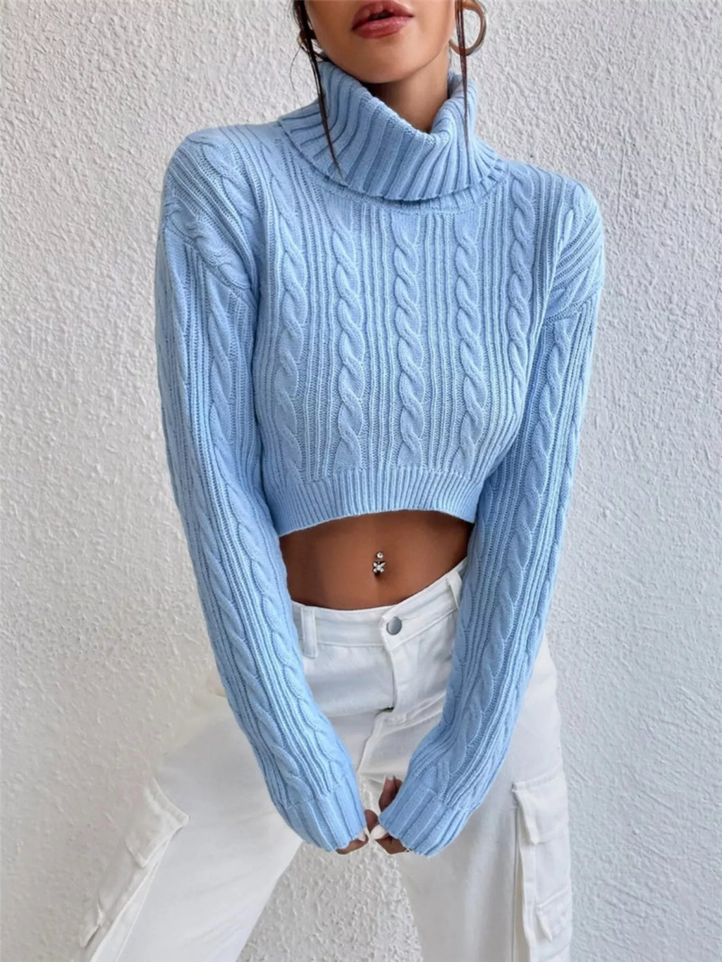 Cozy Cable-Knit Turtleneck Sweater with Long Sleeves Light Blue