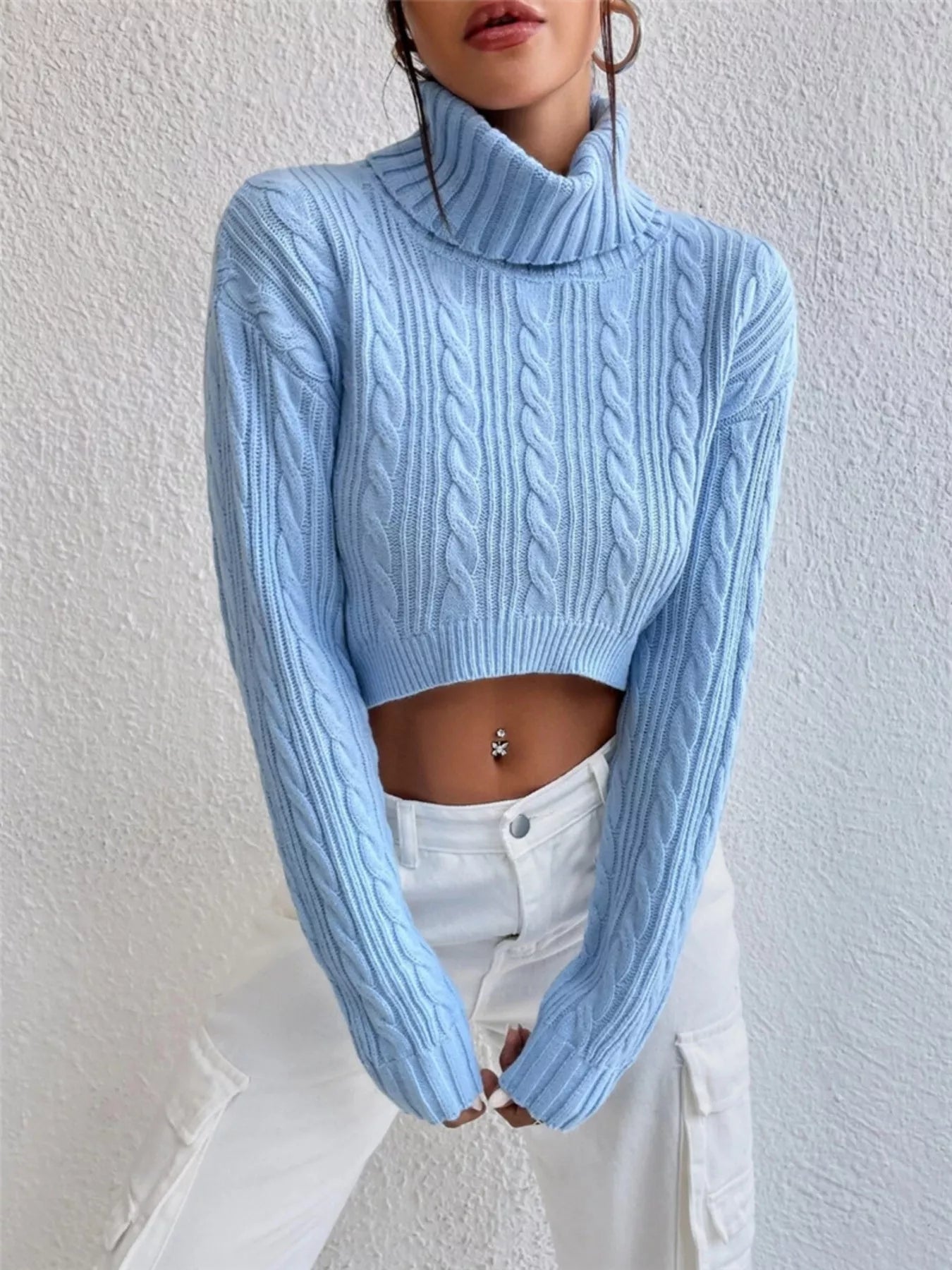 Cozy Cable-Knit Turtleneck Sweater with Long Sleeves Light Blue
