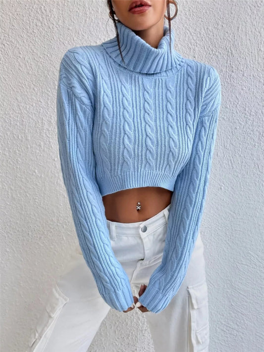 Cozy Cable-Knit Turtleneck Sweater with Long Sleeves Light Blue