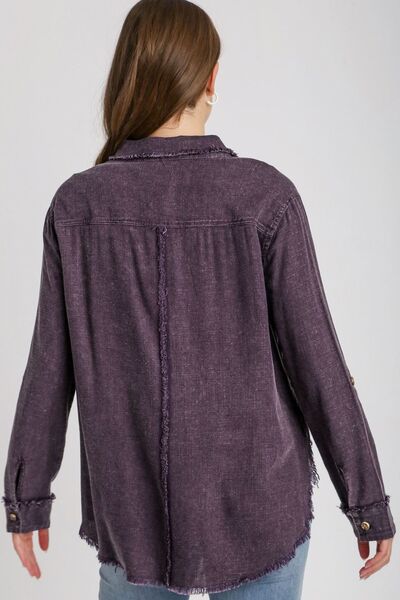 Umgee Full Size High-Low Raw Hem Mineral Wash Button-Down Shirt