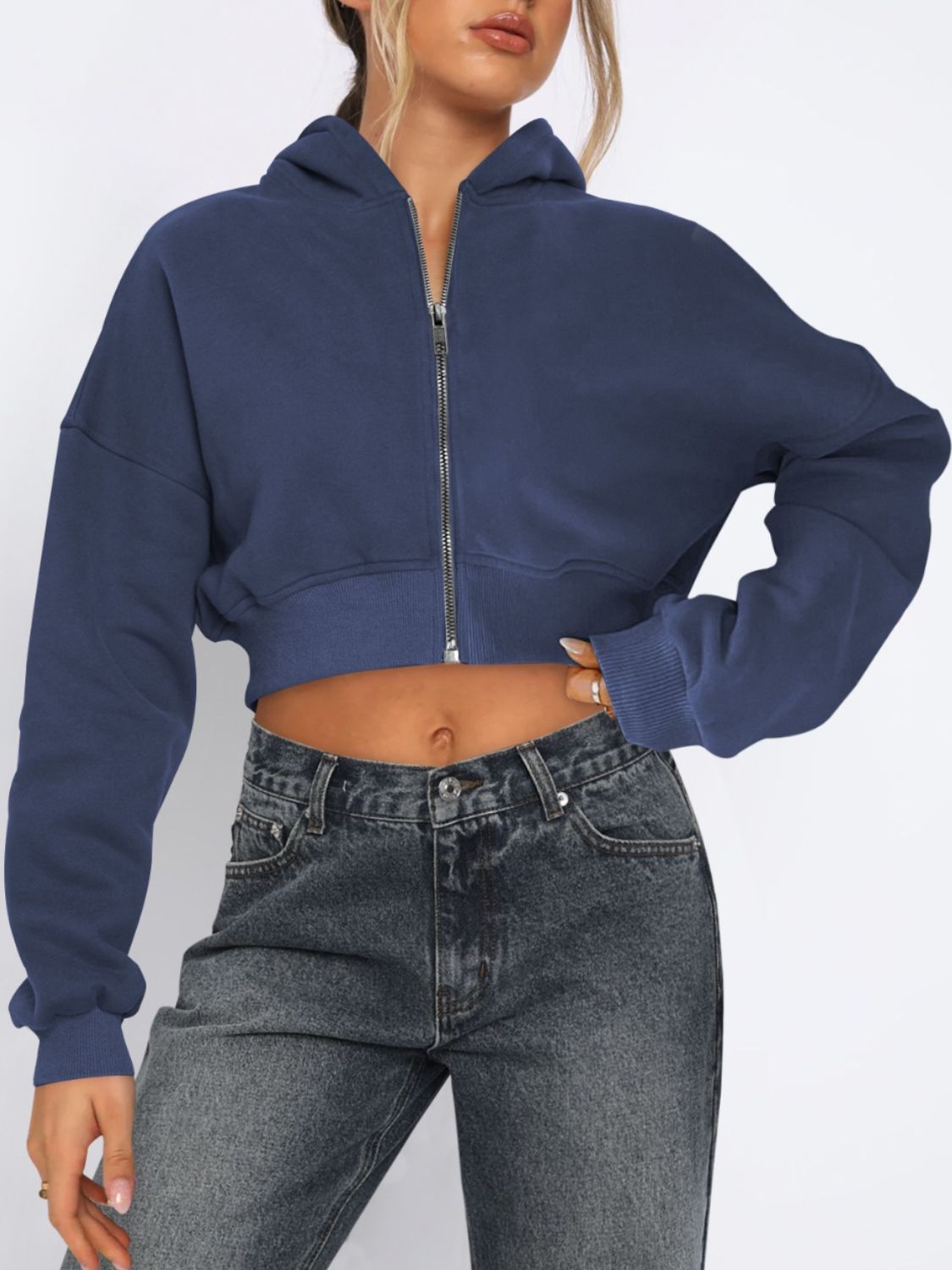 Zip-Up Long Sleeve Hooded Cropped Jacket Navy