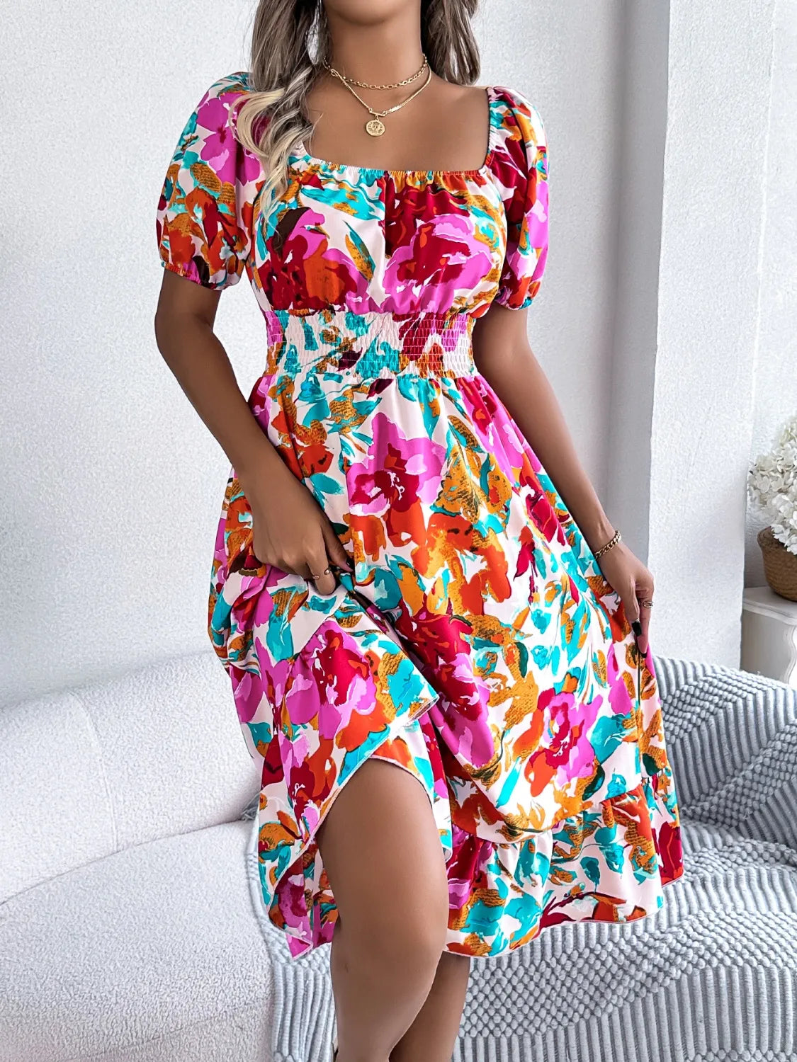 Smocked Ruffle Hem Floral Midi Dress