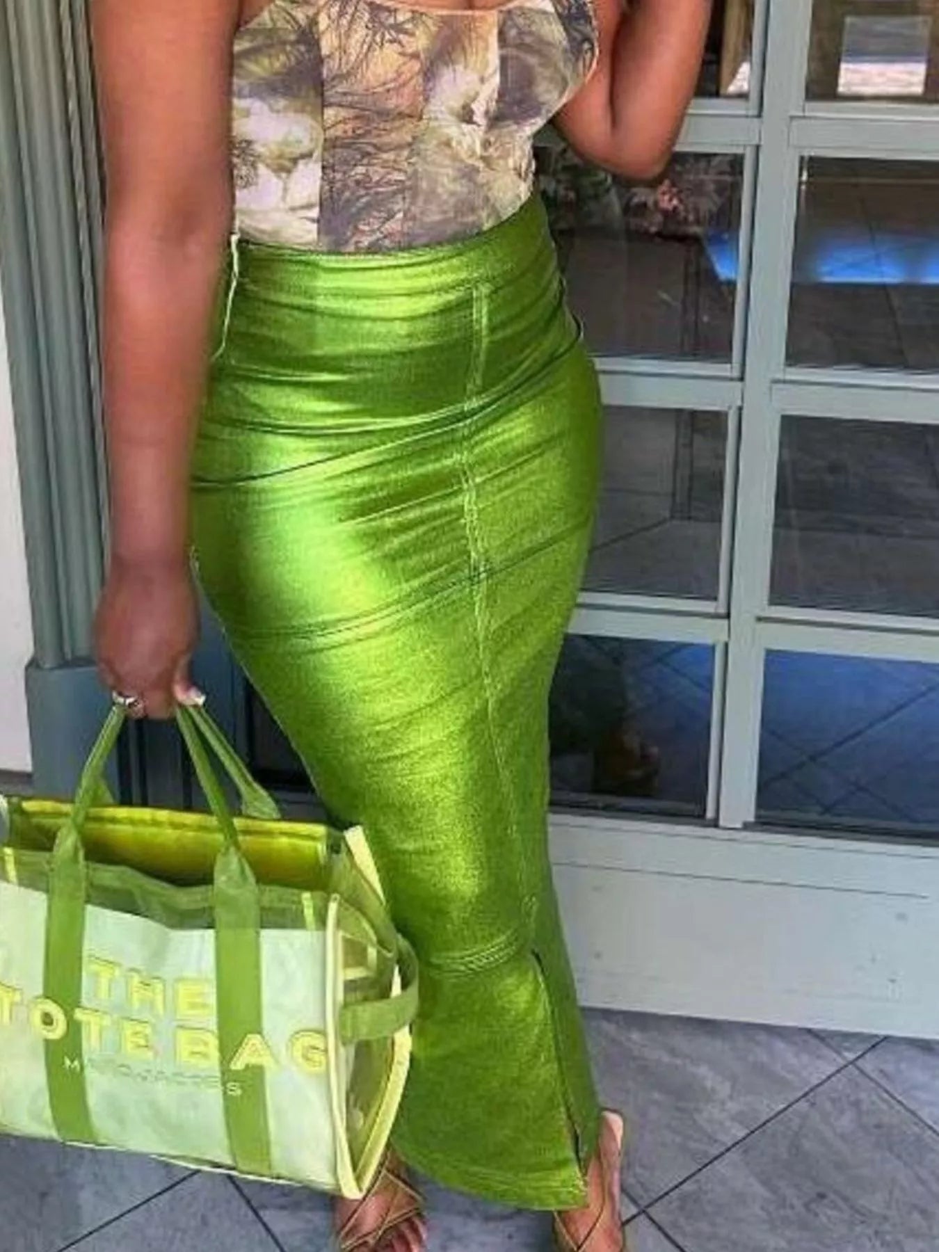 Shimmer Side-Slit Bodycon Maxi Skirt Green